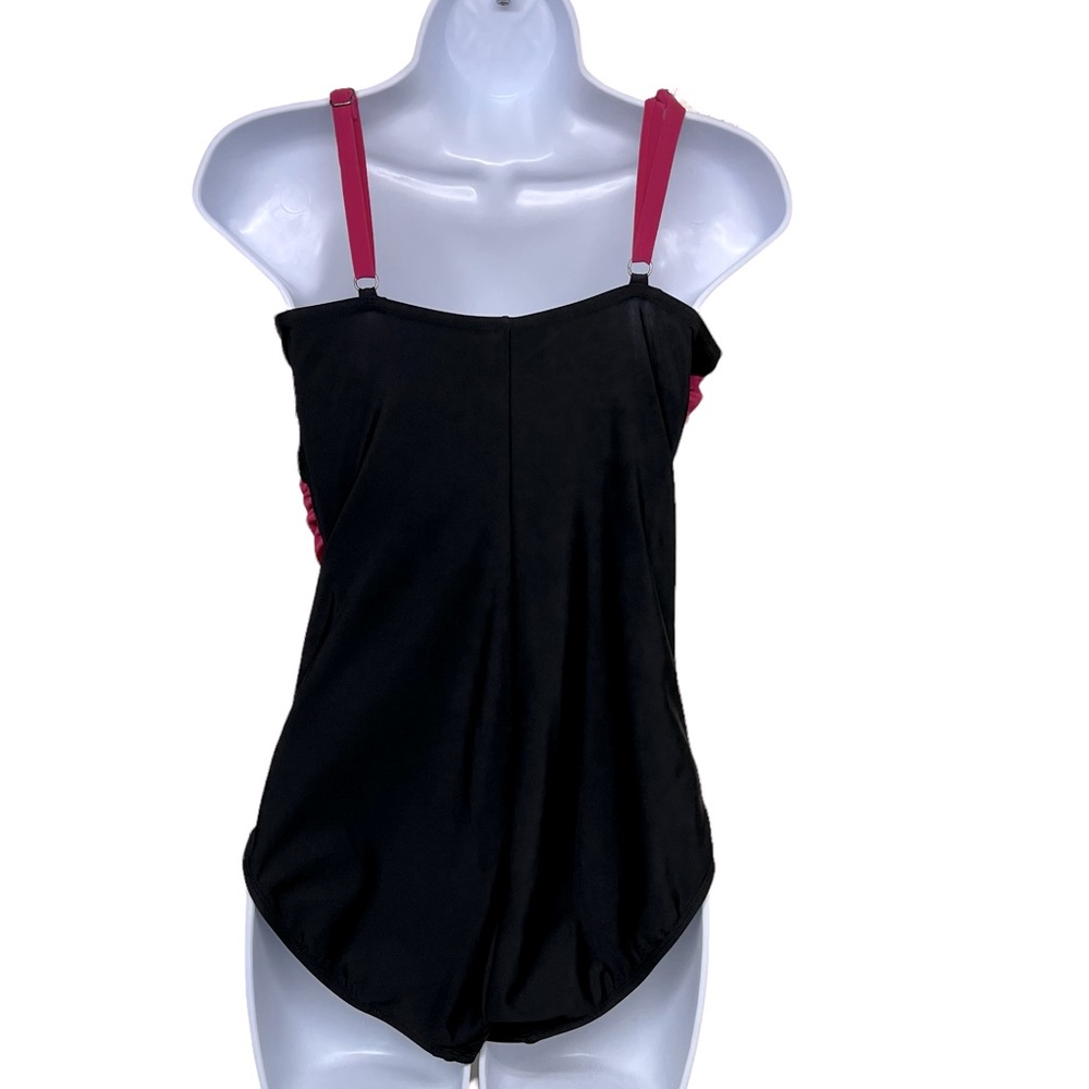 AQU GREEN Swimsuit Fuchsia Black Ruched Wrap Draped Overlay One Piece Sz… - Picture 2 of 9